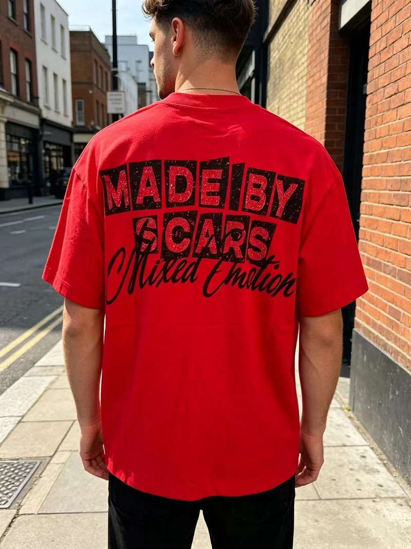 Strass-Engel-Grafik Kurzarm-T-Shirt für Männer und Frauen, Cropped Oversize Hip-Hop Y2K Streetwear, Rote Casual Tees Tops aus Baumwolle – Detail 3