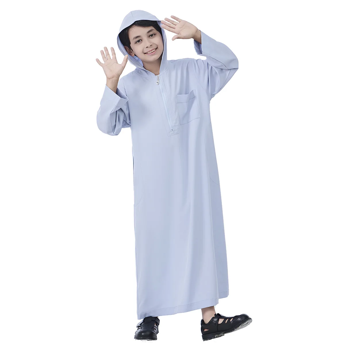 Boys Kids Islamic Muslim Hooded Jubba Kaftan Robe Arabian Dubai Qatar Boy Solid Long Sleeve Half Zipper Shirt Abaya Robe Dress