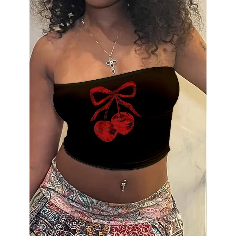 Red Bow Cherry Vintage Print Tube Top Women Y2K Sweet Cool Style Strapless Black Cropped Bandeau Top