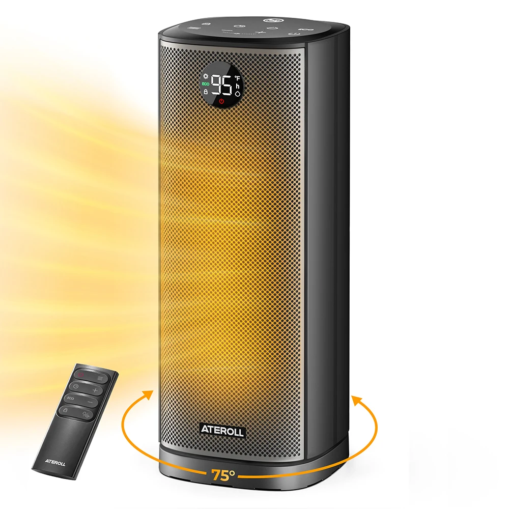 Portable Electric Heater with Remote Control Ateroll 2000W PTC Ceramic Oscillating Space Heater 16inch Instant Warmth Quiet Air Blower Fan V0-Grade Fireproof Materials Overheat Protection Tilting Protection Home Appliance for Bedroom Office Desk Indoor
