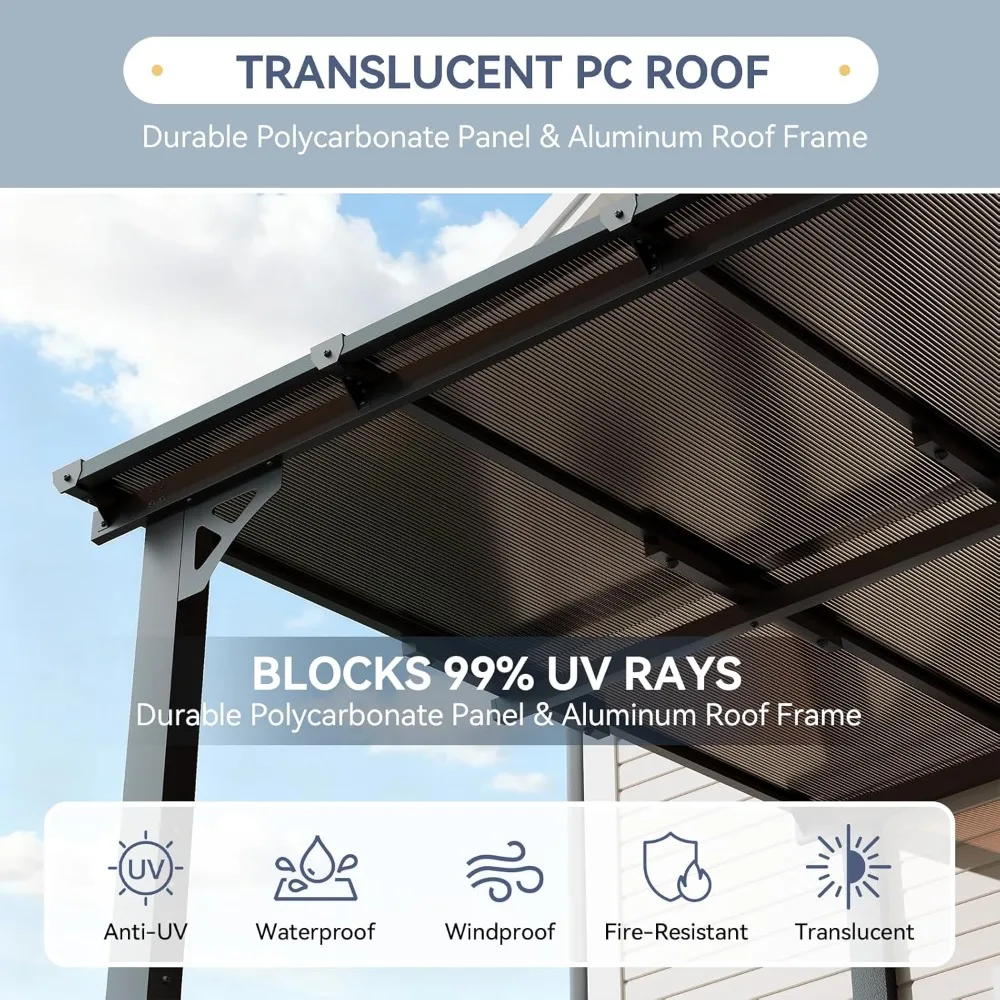 Lean to Gazebo Hardtop Pergola Polycarbonate Roof Wall Mounted Heavy Duty Awning Patio Canopy Backyard Deck Porch, Custom view 3