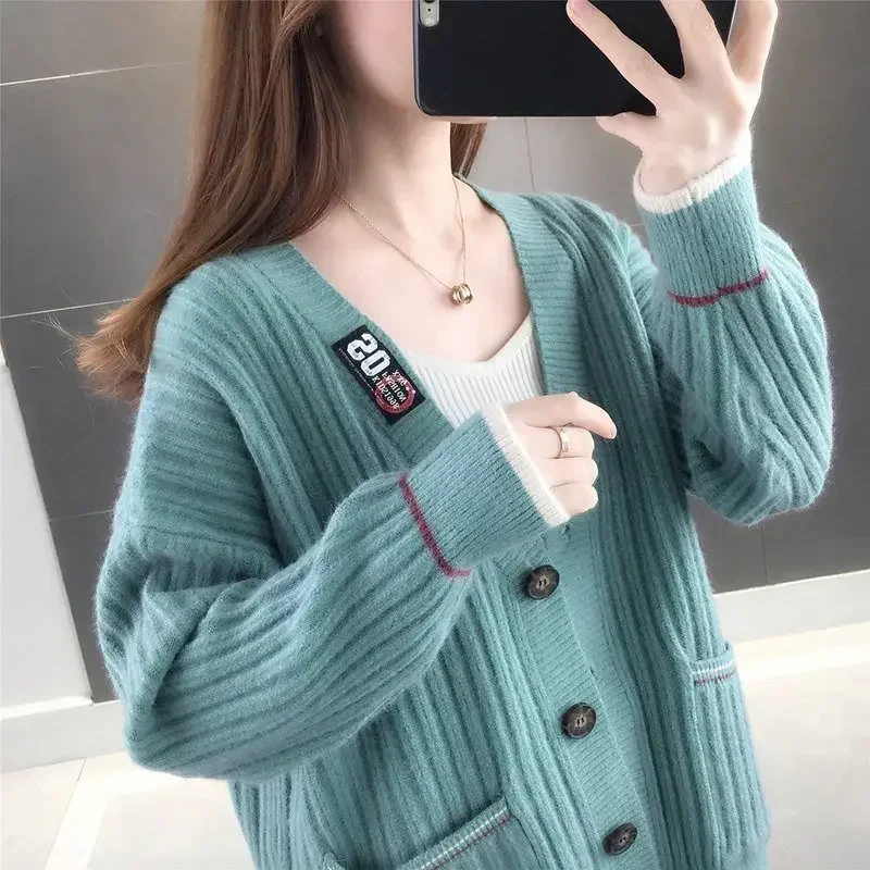 Red Cardigan Knit Tops for Woman Blue V-neck Winter Button Women's Sweater Crochet Streetwear Modern Aesthetic Designer Cold