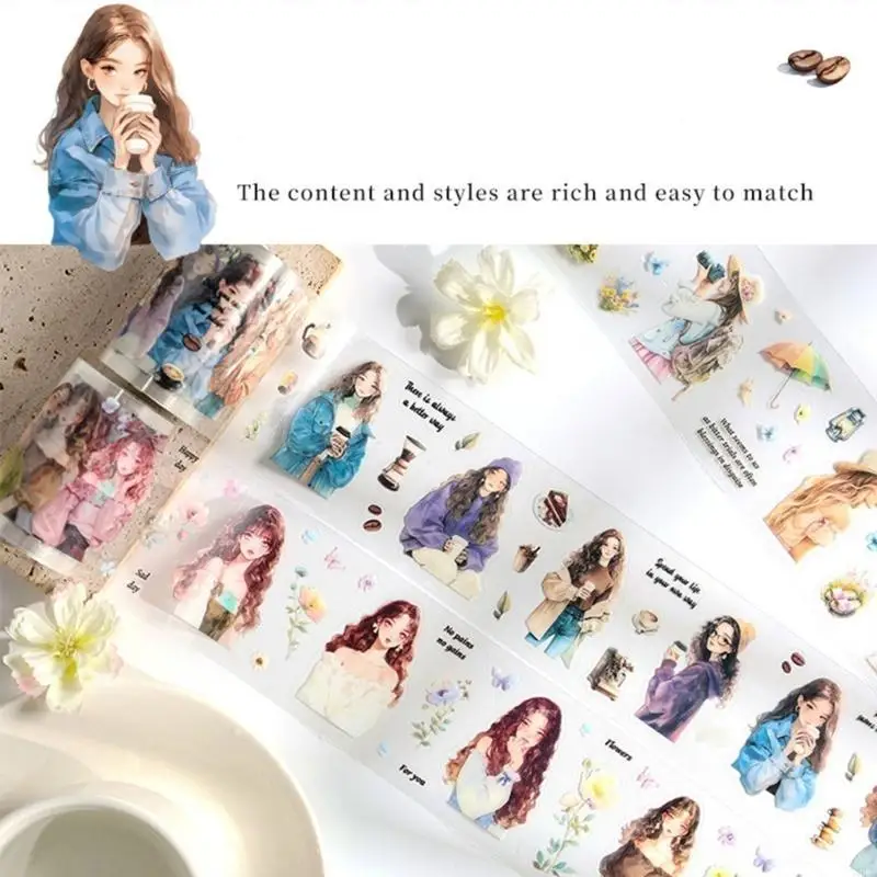 Y5LB 4Rolls Pre Cut Cartoon Girl Sticker Tape 60mmX2M for Journal Planner Photo Album