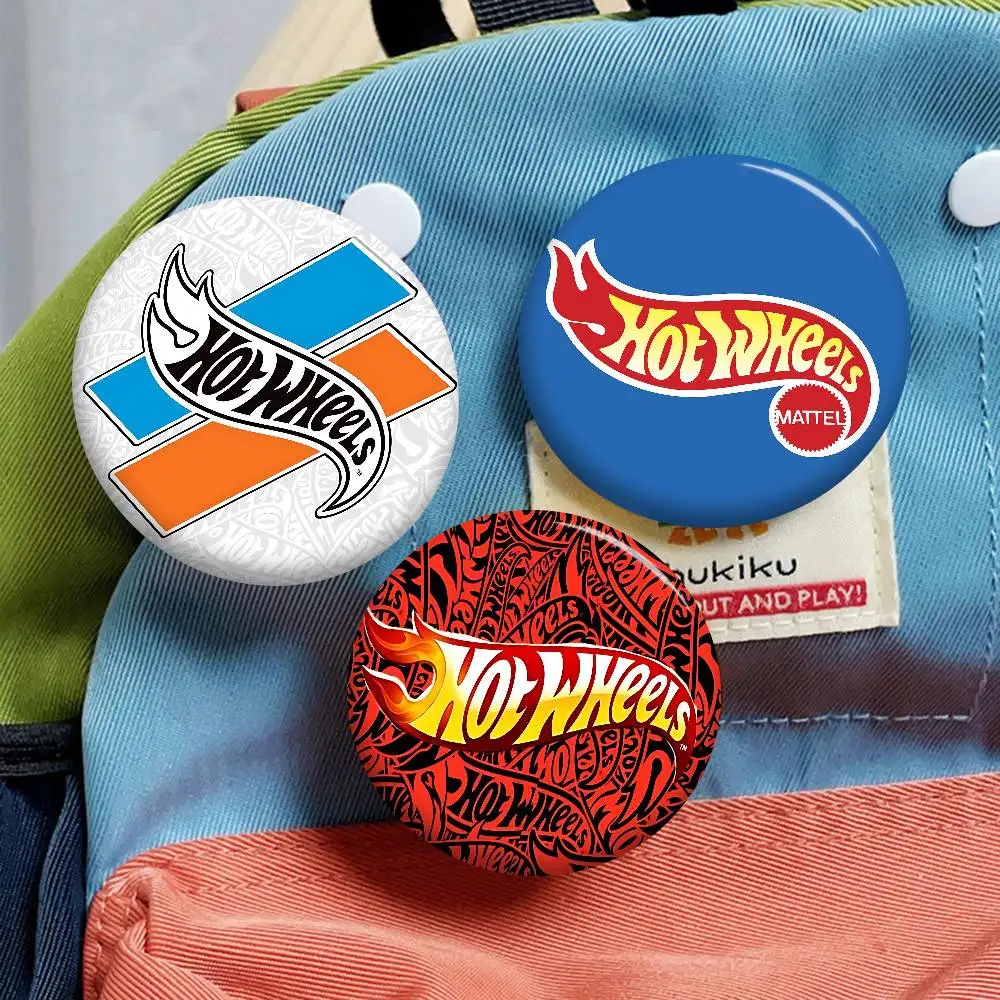 H-Hot Wheels Cartoon Brooches Anime Badge Round Handmade Brooch Lapel Pins Jewelry For Backpack Clothes Gifts