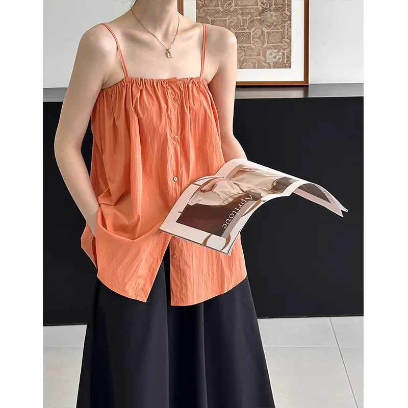 

Летний новый топ в западном стиле 2024, свободный и универсальный, однотонный, для девушек, ремешок для уменьшения возраста, маленький Топ