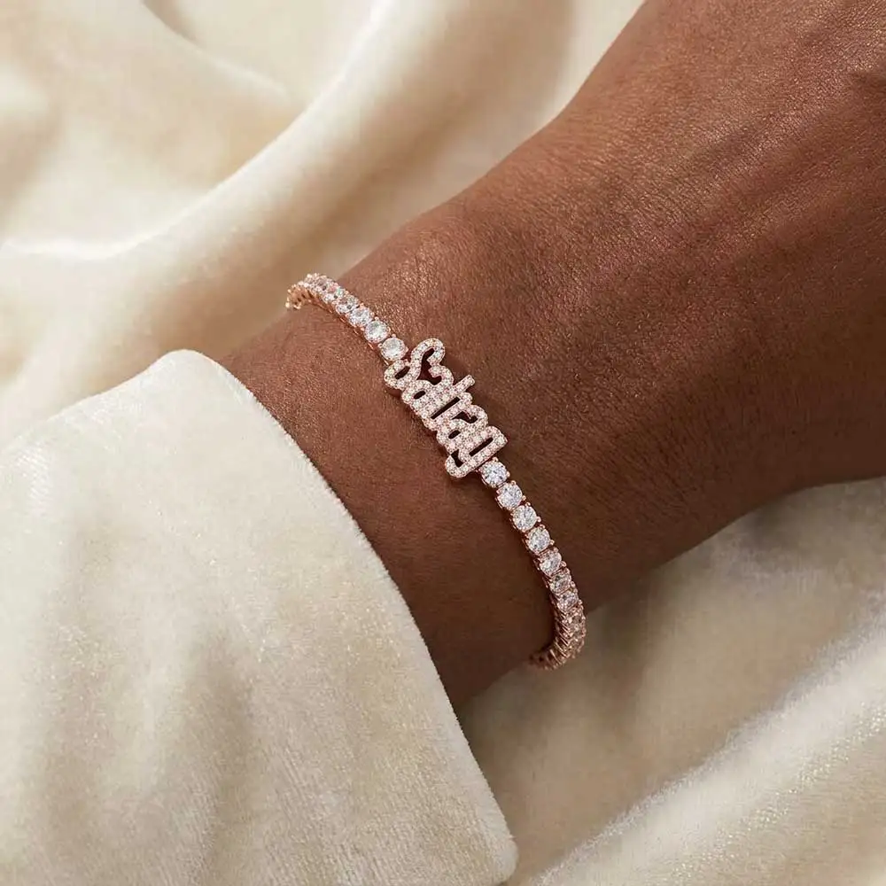 Custom Name Bracelet 3mm Iced Out Tennis Chain Bling CZ Personalized Letter Nameplate Hip Hop Jewelry for Women Men Best Gift