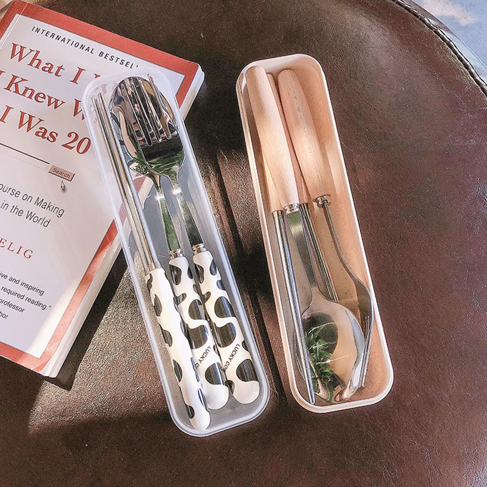 

1 Set Cow Print Tableware Kit Portable Travel Utensils For Camping Hiking Picnic Beach Outdoor Fork Spoon Chopsticks Reusable