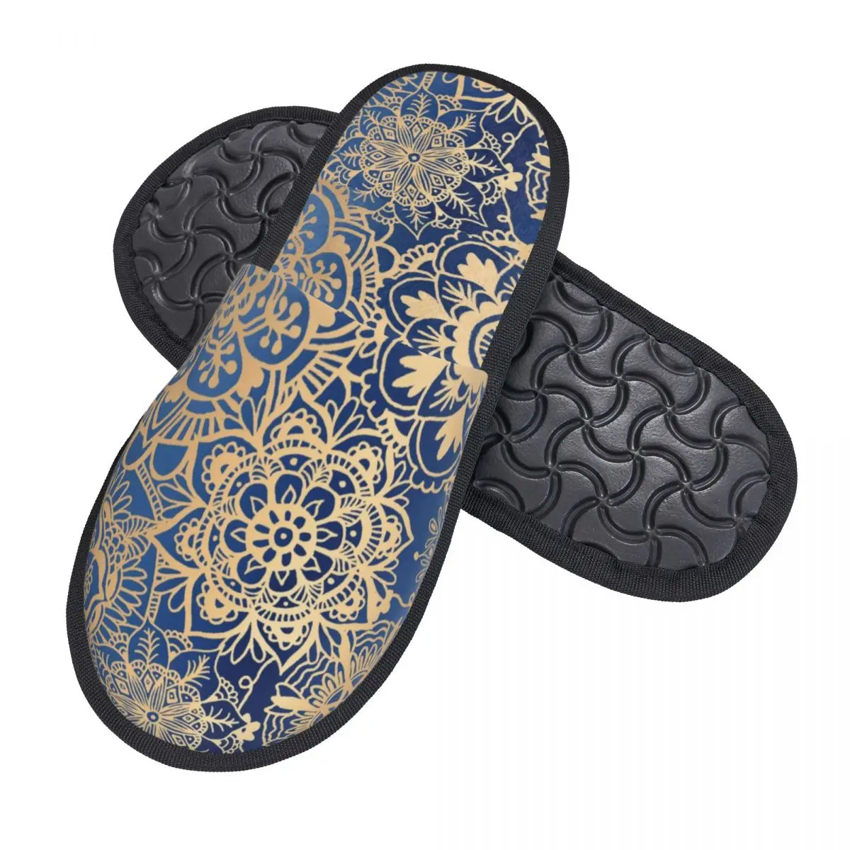 Blue And Gold Mandala Pattern House Slippers Women Comfy Memory Foam Buddhism Flower Slip On Hotel Slipper Shoes