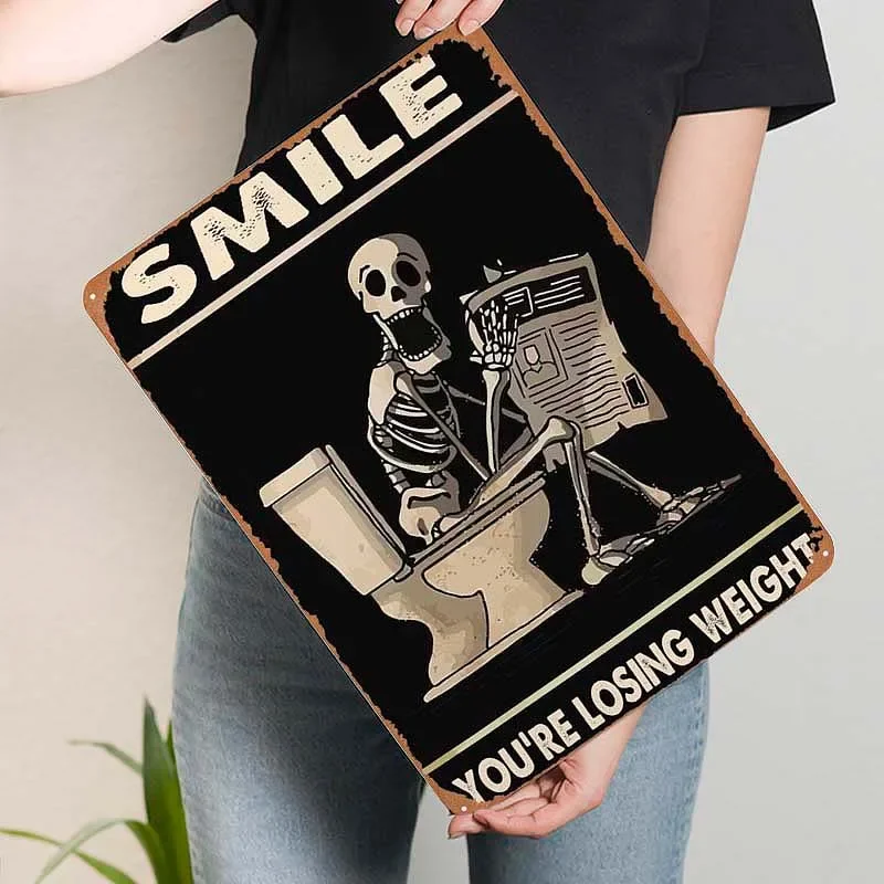 Funny Smile Skeleton Skull Sign Decor for Room Decoration Retro Metal Tin Sign Palque for Bathroom Toilet Wall Decoration Art