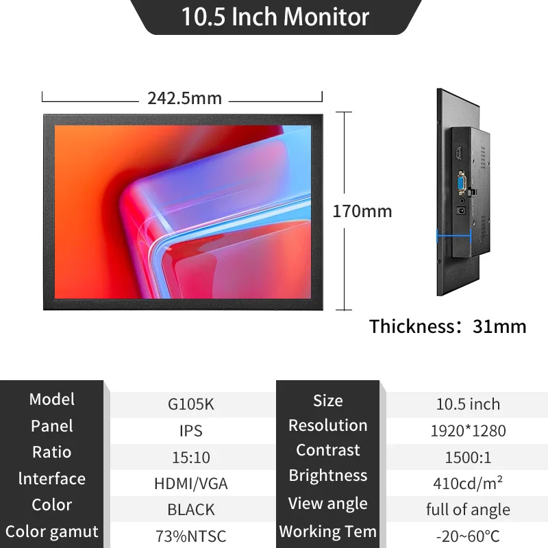 Zhixianda-شاشة LCD للكمبيوتر المكتبي ، شاشة معدنية ، شاشة عرض عالية الدقة ، حامل عريض 1920x1280 ، منفذ VGA HDMI ، 10.5"