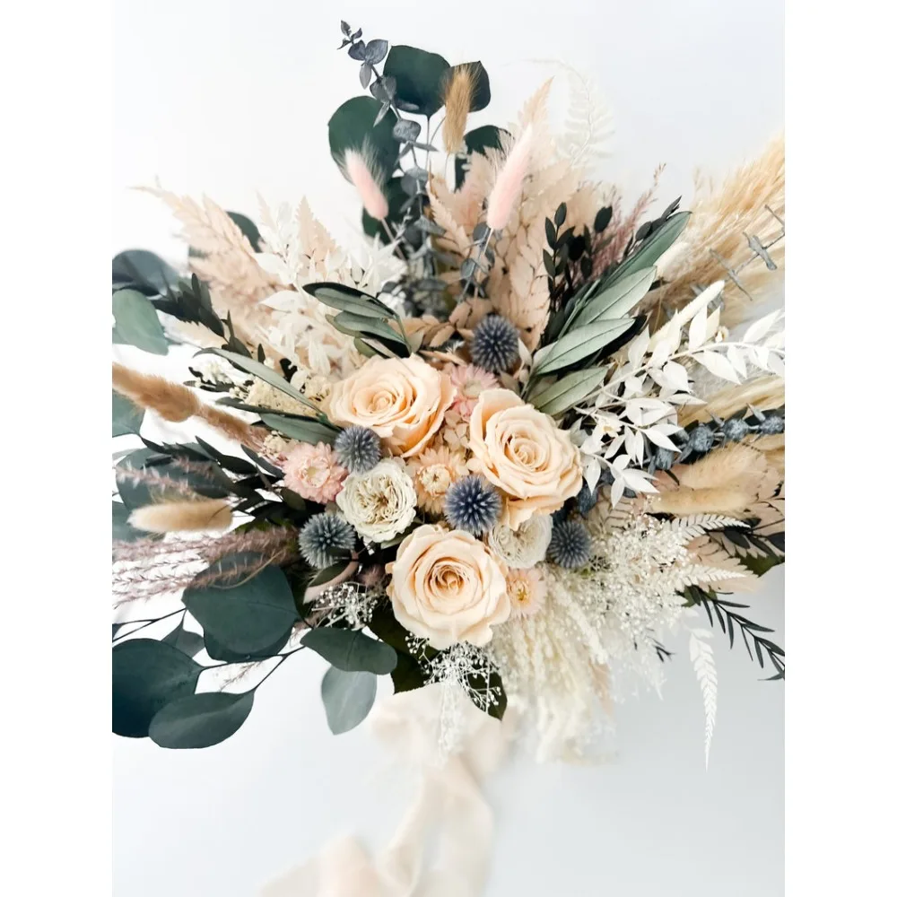 Dried Flowers,Blush Rose,Dusty Blue Greenery,Wedding Flowers,Bride and Bridesmaids Bouquets