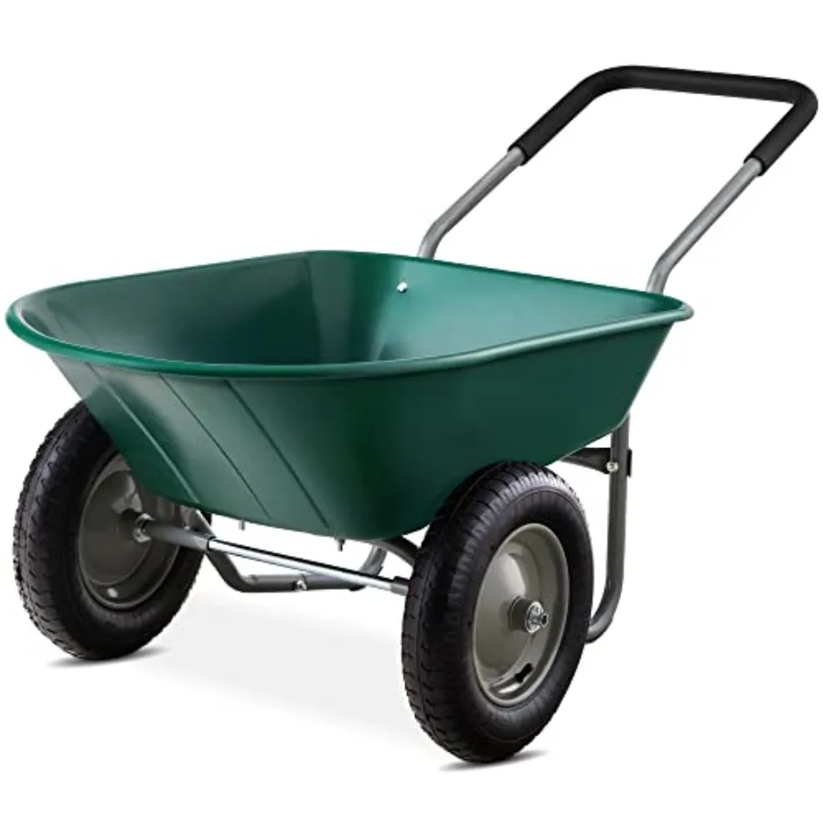 Dual-Wheel Home Utility Yard Wheelbarrow Garden Cart w/Built-in Stand for Lawn, Gardening, Construction