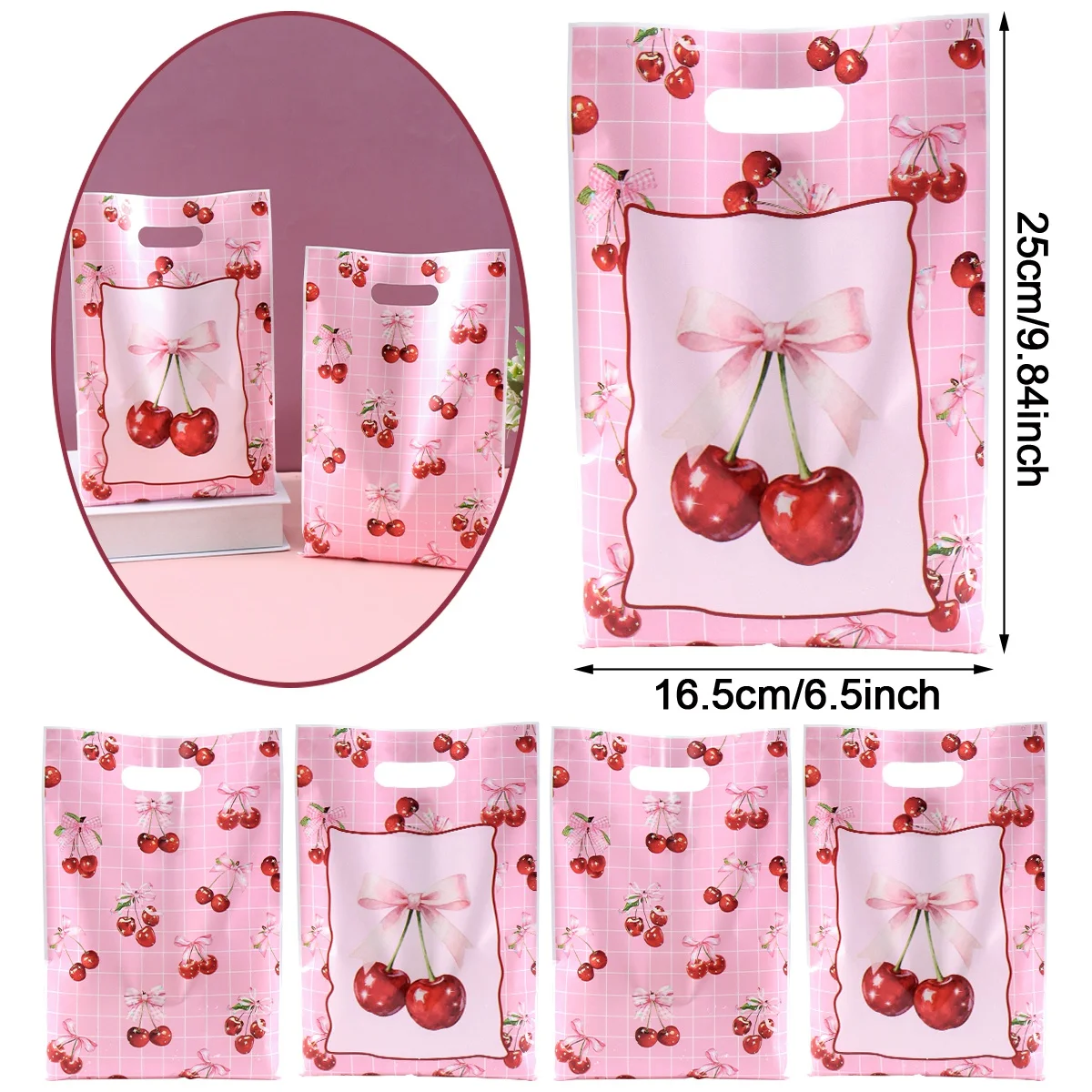 10/20/50pcs Pink Cherry Bow Gift Bags Mixed Sweet Pink Grid Pattern Reusable Treat Bags for 1st Birthday Party Decoration