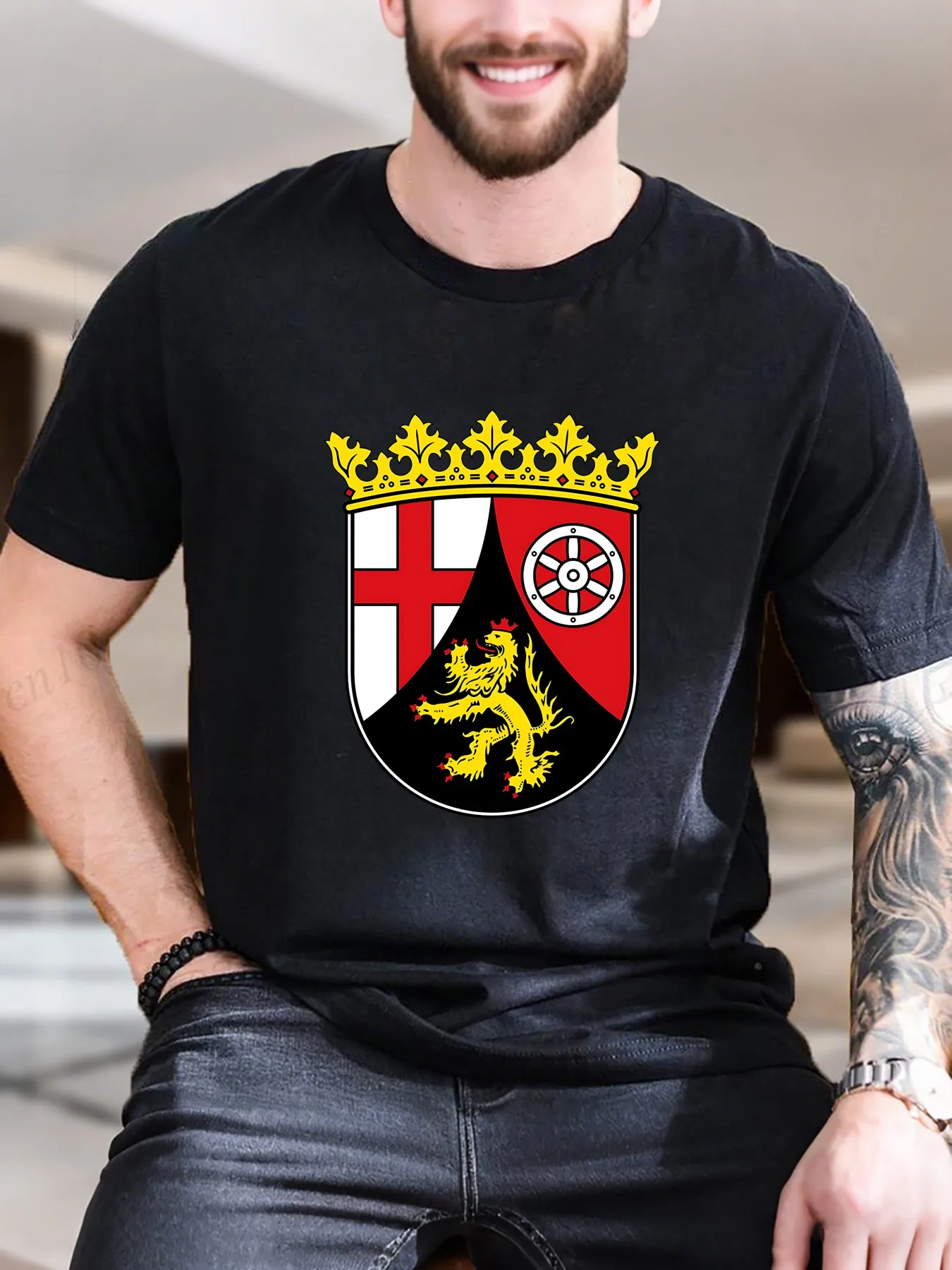 Men's Printed Short Sleeve T-Shirt - Lion & Cross Shield Trendy Design, 100% Cotton Breathable & Comfortable, Casual Daily Wear