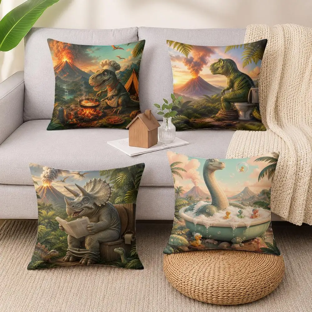 Dinosaur Toilet Humor Cushion Cover Luxury Soft Plush Short Fur Cushion Case Warm Cozy Sofa Bed Decorative Home