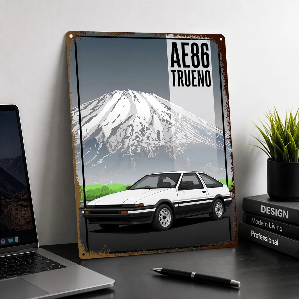Japan AE86 Trueno White Sports Car Textured Poster Customized Metal Tin Sign Road Performance Legacy Wall Art Perfect For Home