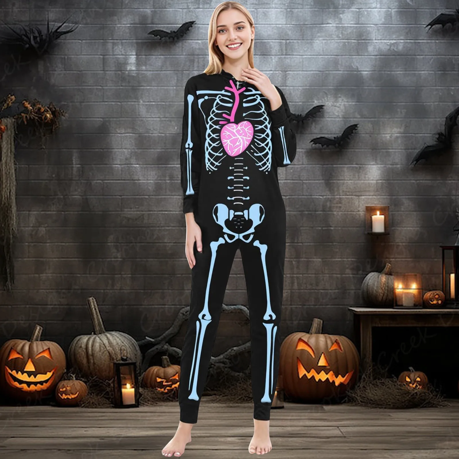 Halloween Scary Skeleton Costume for Adult Kids Family Horror Skull Jumpsuit Carnival Party Hodded Halloween Parent-Child Pajama