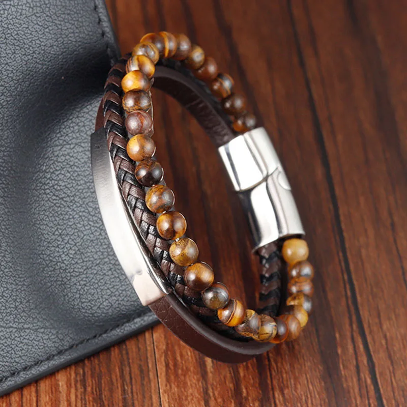 Premium Stainless Steel Jewelry Genuine Leather Woven Tiger-eye Beaded Bracelets Luxury Brand Bracelet Men