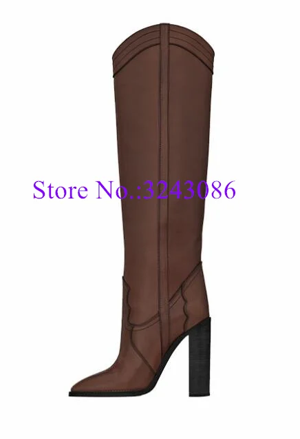 Botas largas de cuero marrón para mujer, zapatos de tacón grueso, hasta la rodilla, Sexy, invierno, envío directo, novedad