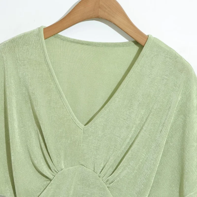 Shiny Thread Tunic Top V-Neck Batwing Sleeve Knot Design Slimming Short Sleeve Women's Summer Fashion Casual Versatile Base S...