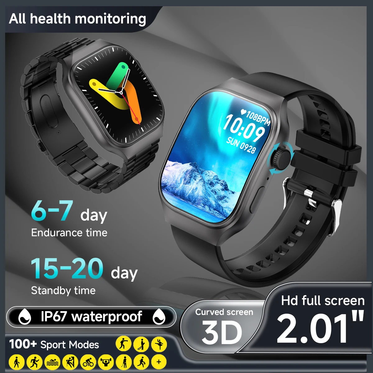 2.01 Inch Curved Screen Smartwatch Men Wireless Call Sports Wrist Watches Health Monitor Fitness Bracelet Women