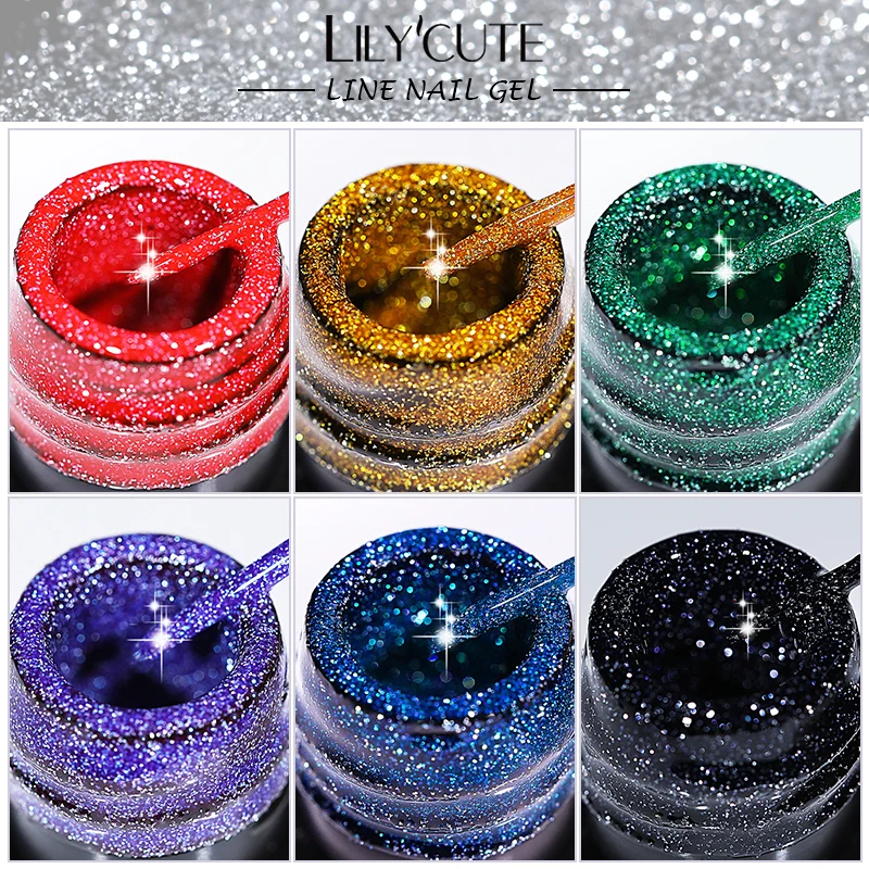 LILYCUTE 5ML Black Silver Reflective Glitter Liner Gel Nail Polish Super Sparkling Shine Colorful Pull Line Painting Stripe Gel