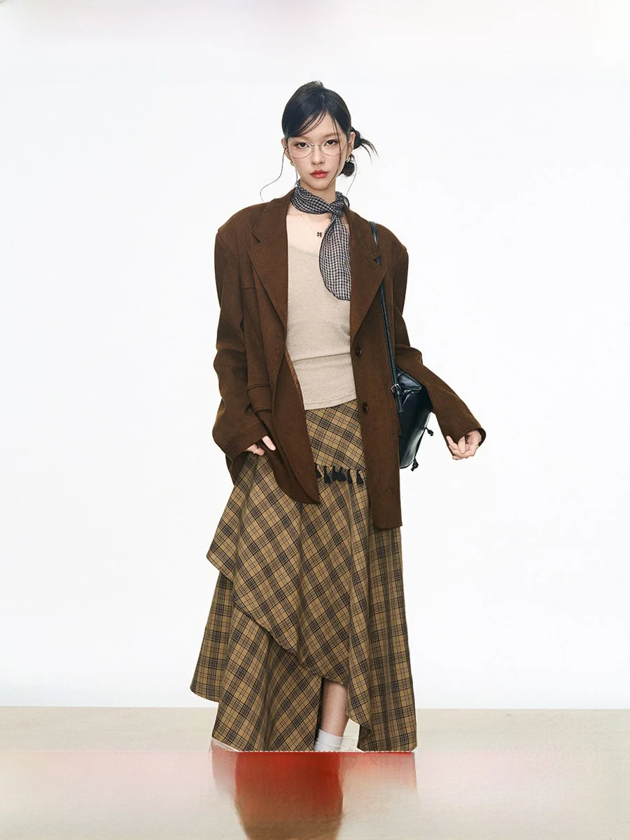 

Женское замшевое пальто WESTAYONE, маленький размер, новинка 2025 года, высококачественное повседневное пальто в клетку, свободного кроя, с длинными рукавами, для работы и отдыха