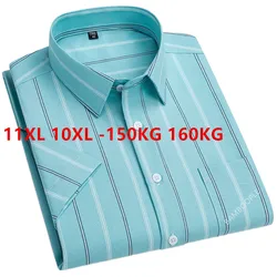 Plus Large 11XL 10XL Shirts for Men Fahsion Summer Short Sleeve Stripe Solid Office Social Dress Shirt Loose 150KG 160KG Fat Top