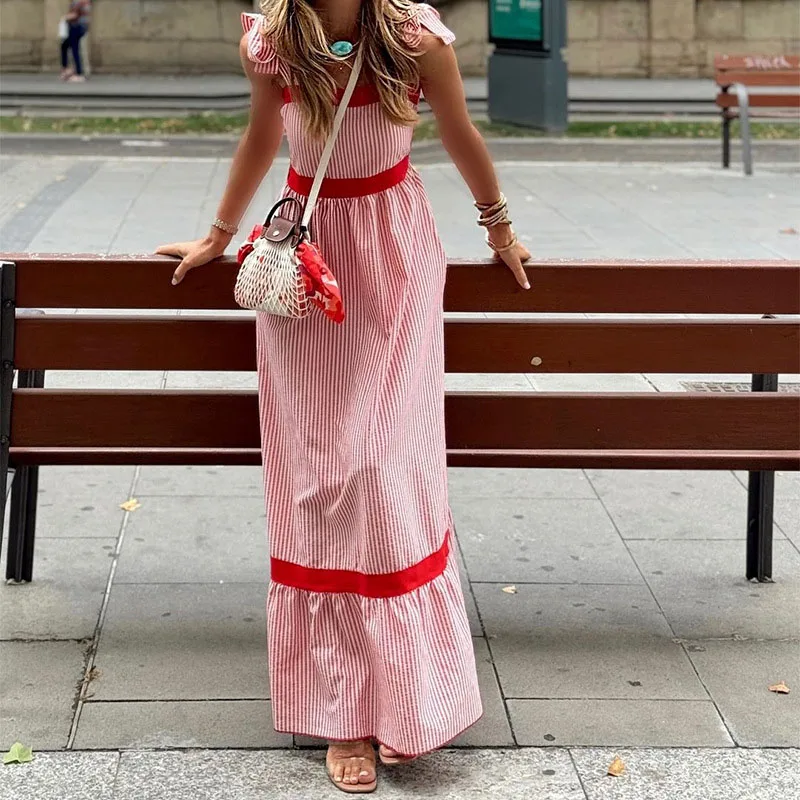 Robe longue plissée taille haute pour femme, bretelles avec nœud papillon, robe de vacances bloquée, rayée, mode décontractée, balançoire, 2024