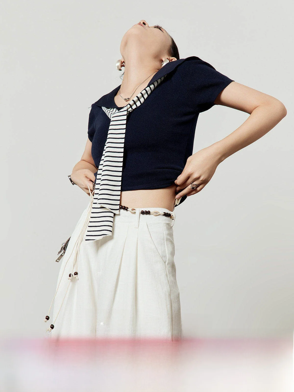 

Blue Knitted Top Women's Summer New Sle Naval Stripe Slim Fit Belted irt Commute Sle Medium Softn ort Sve