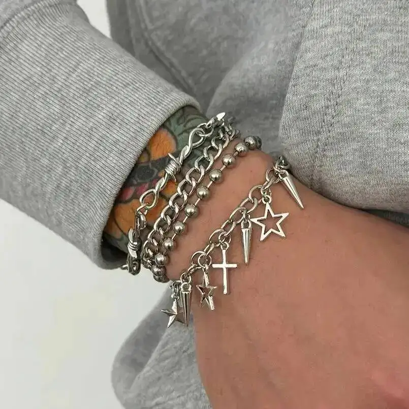 

Trendy Multi Layer Stackable Cuban Chain Bracelet Men Hip Hop Pentagram Jesus Cross Rivet Pendant Bracelet Punk Jewelry