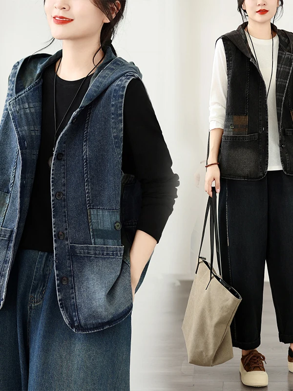 Loose Casual Hooded Denim Vest plus Size Short Sleeveless Versatile Shoulder Coat Women's Fashion Inner Wear Cotton Polyester...