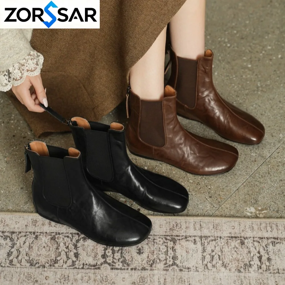 Women Ankle Boots Retro 2026 New Genuine Leather Short Boots Women Flats Winter Fashion Women Chelsea Boots Casual Shoes Booties