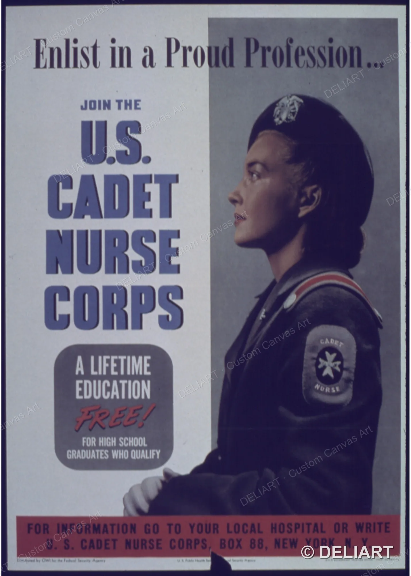 Enlist in a Proud Profession-Join the U.S. Cadet Nurse Corps Vintage WWII Propaganda Canvas Wall Art Poster Print Unframed