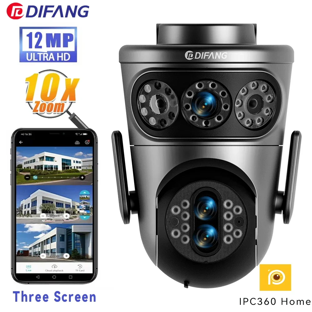 6K 12MP WiFi Camera Outdoor 10X Zoom Video Surveillance  Auto Tracking Three Screen CCTV Camera IPC360 Home Security Protection