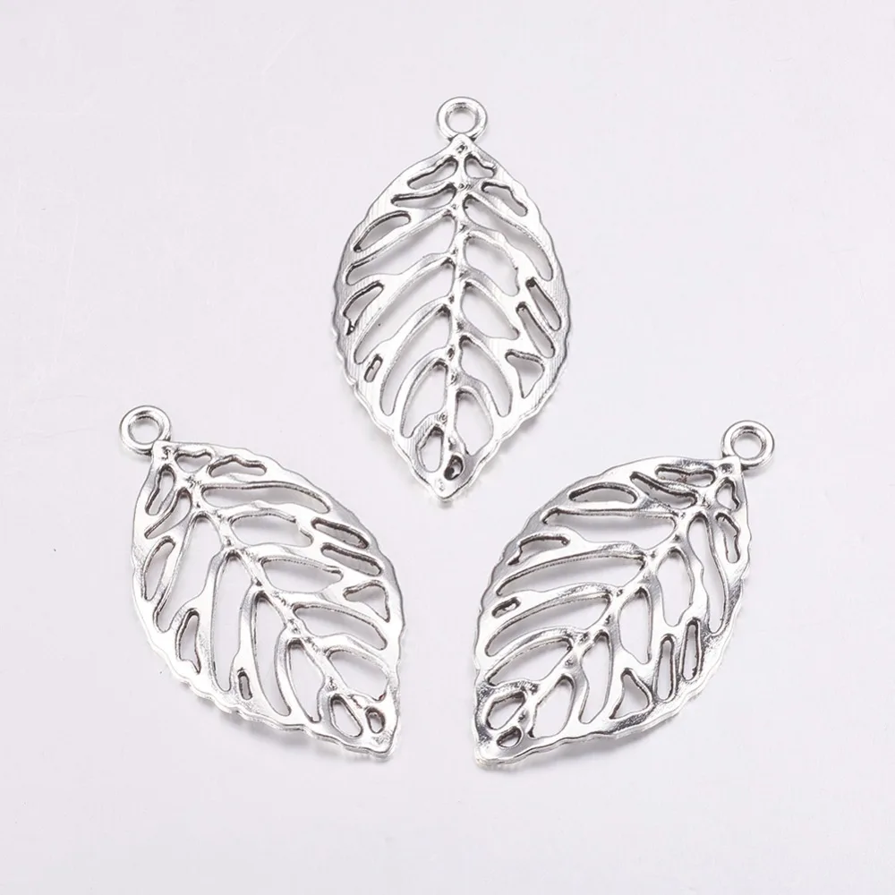 10pcs Alloy Pendants Lead Free Leaf Antique Silver 49.5x27.5x2mm Hole: 3.5mm