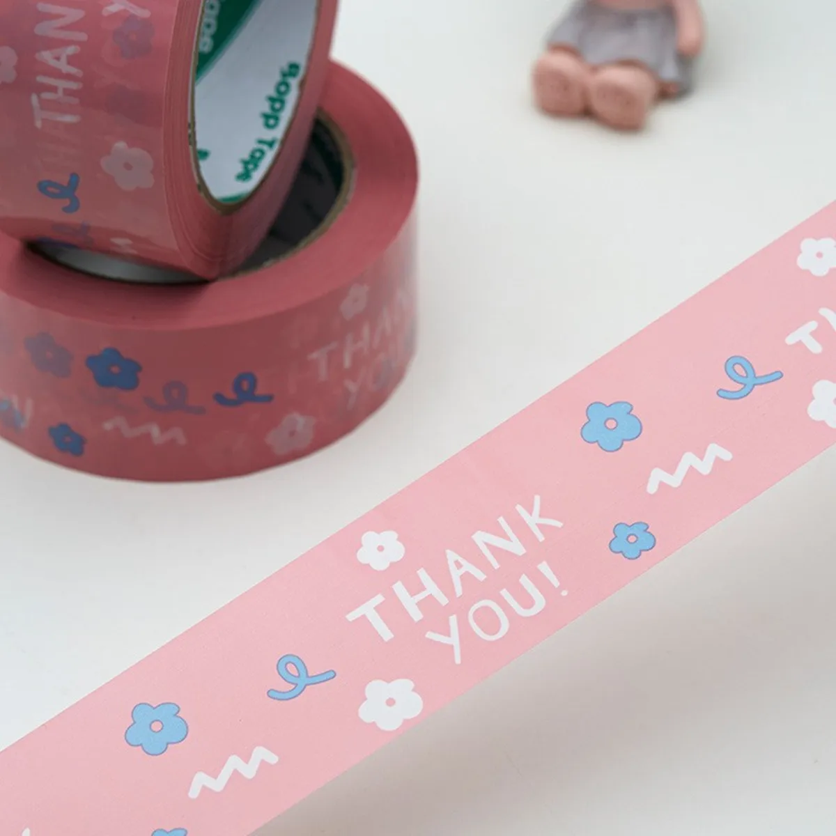 1 Roll of 4.5Cm*100M Pink Flower Thanksk You Tape, Thank You Gratitude Cartoon Sealing Tape, Self-Adhesive Gift Bag Carton Packaging Tape