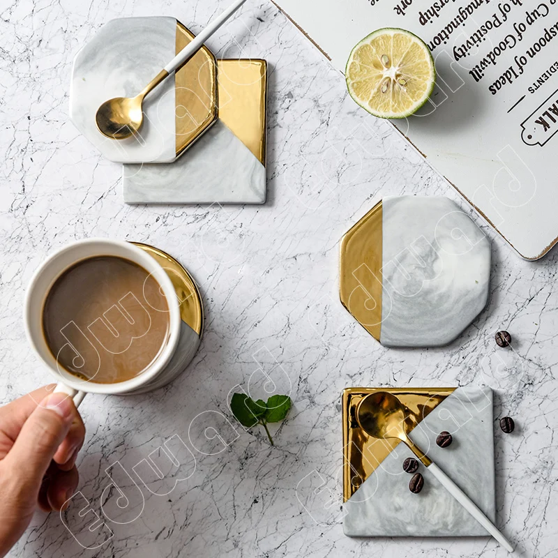 Nordic Style Tray Marble Ceramic Marbles Coaster Gold Edge Coaster Heat Insulation Pad Water Cup Mug Mat Food Decorations Trays