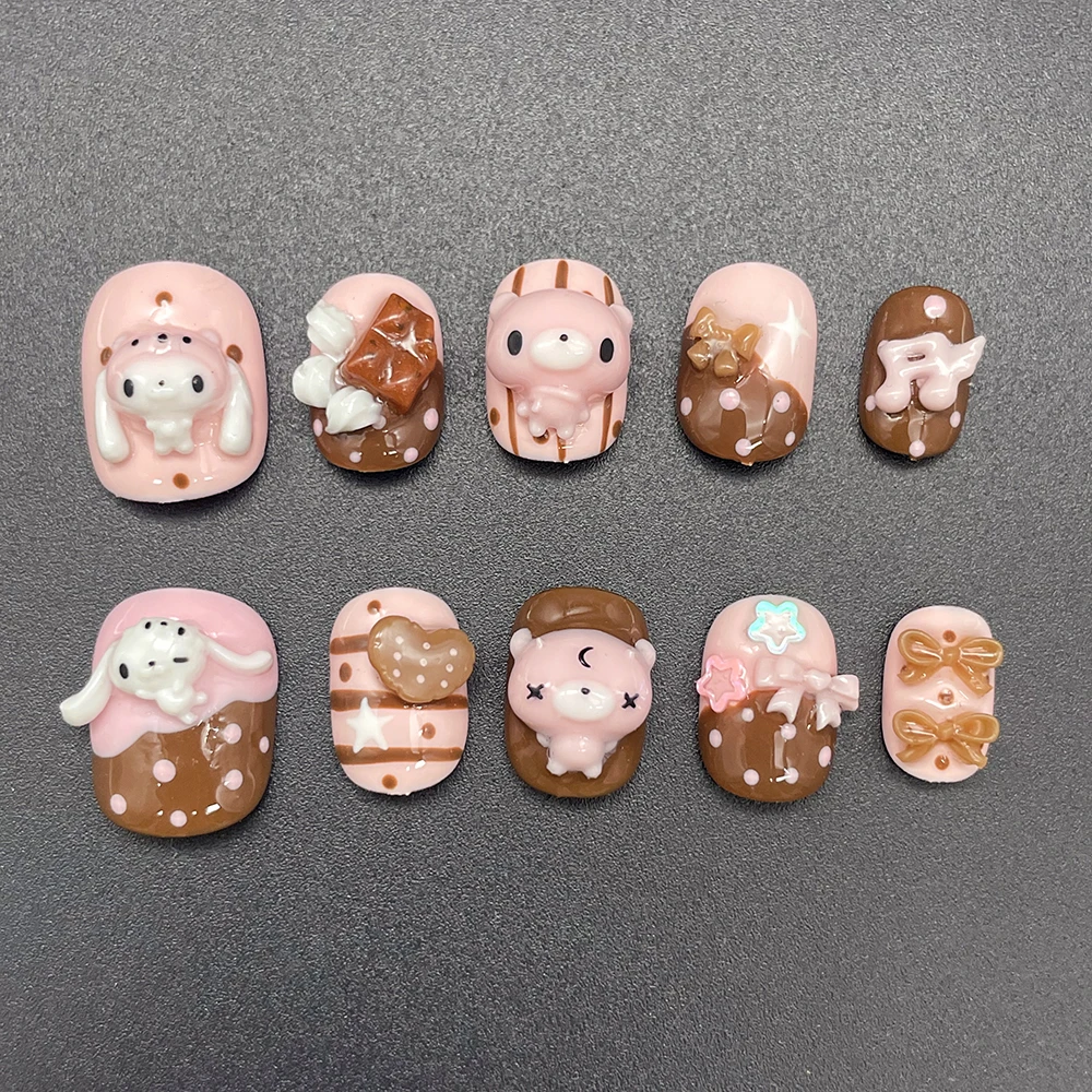 Kawaii Rabbit Bear Chocolate Cream Design Press On Nails Short Round Shape Cute Pink Sweet Cookie 3D Doll Cartoon Fake Nails view 2