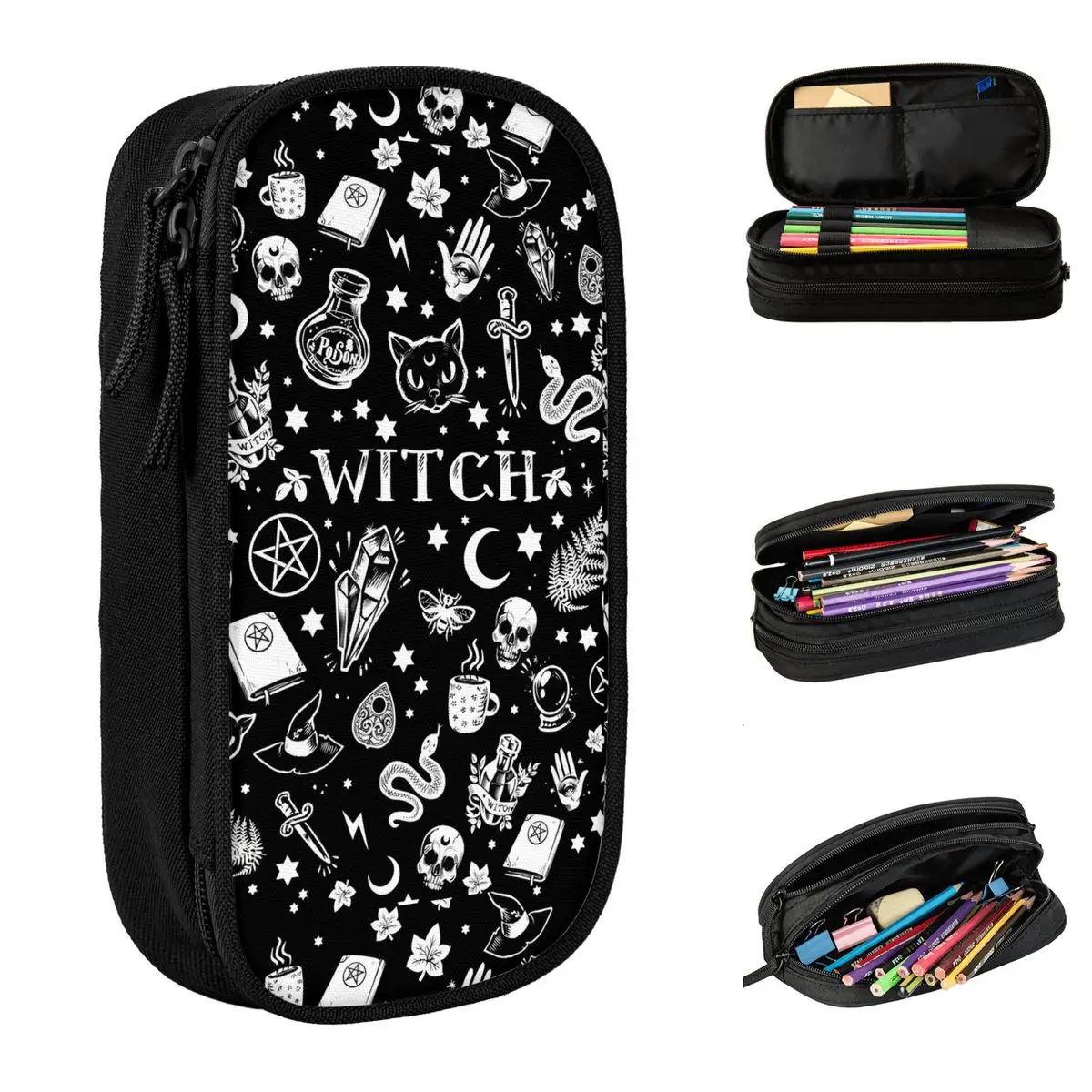 Witch Cat Pattern Pencil Cases Halloween Occult Gothic Magic Pen Holder Bags for Student Large Storage Cosmetic Pencilcases