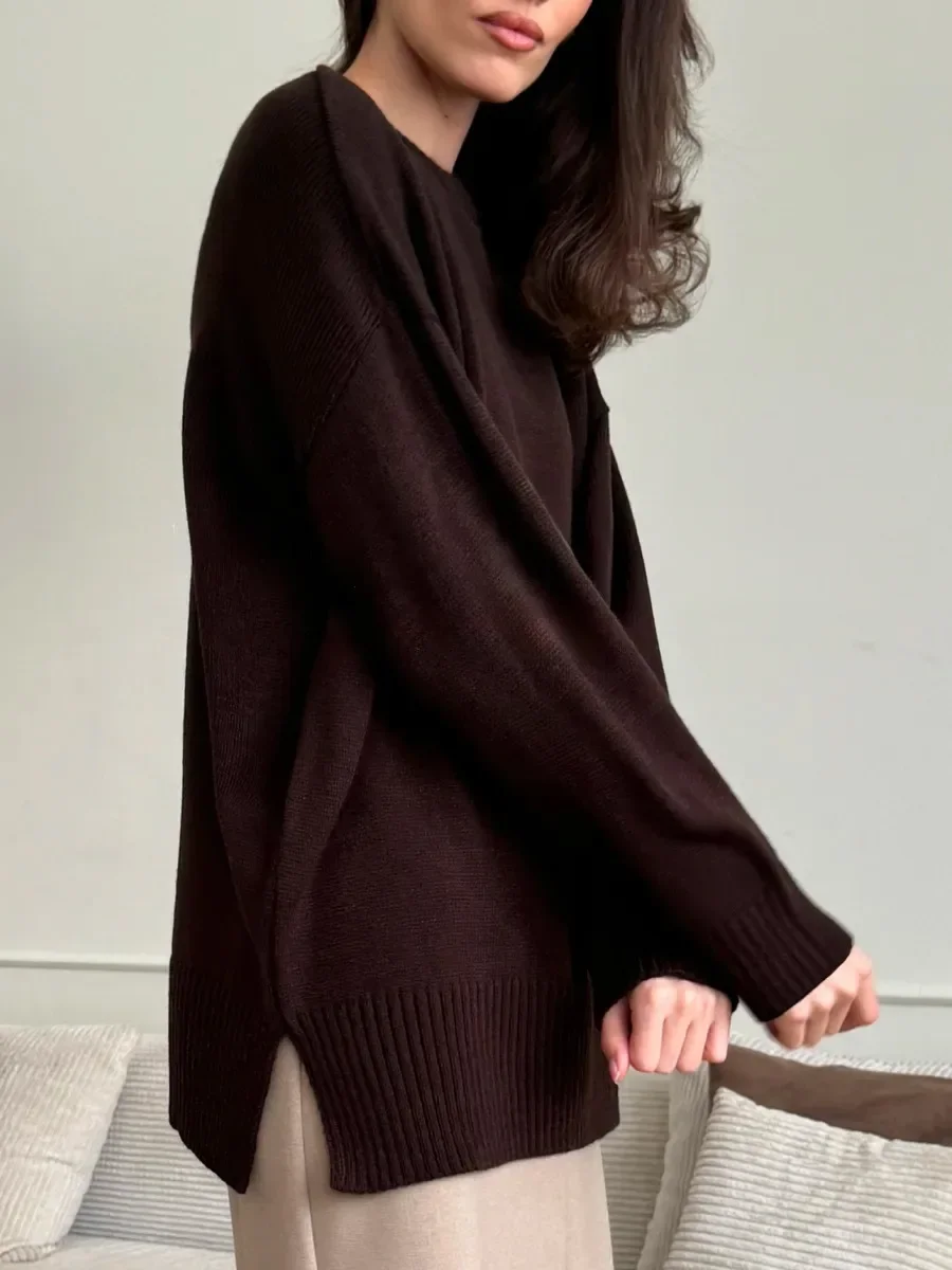 Blubelle dames herfst winter effen kleur gebreide trui met zijsplitten O-hals lange mouw losse pasvorm casual truien