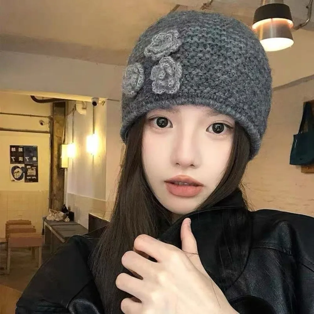 

Versatile Solid Color Knitted Woolen Hat Elastic Korean Style Winter Warm Hat Soft Warm Flower Beanie Hat Girl