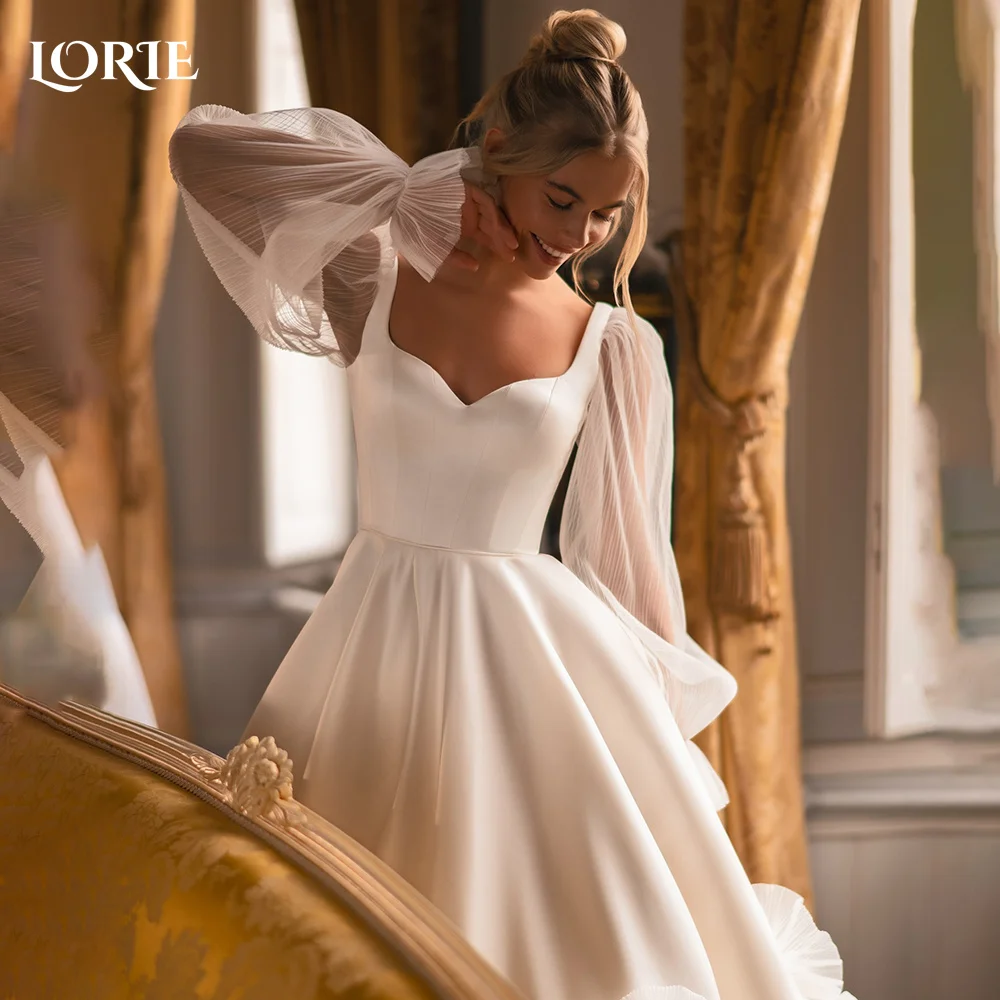 

LORIE Sexy Satin Puff Sleeve Wedding Dresses A-line Pleats Sweetheart Elegant Customized Ivory Bridal Gown vestidos de novia