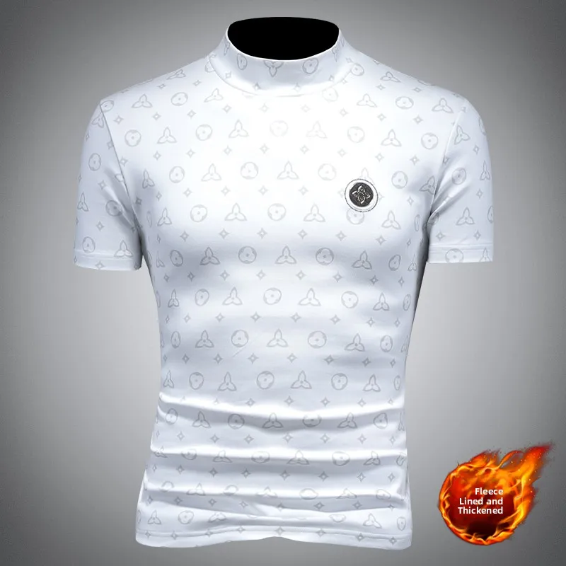 

Модная утепленная мужская футболка с высоким воротником, белая, с принтом, базовая, для ношения под одеждой, пуловер с воротником-стойкой