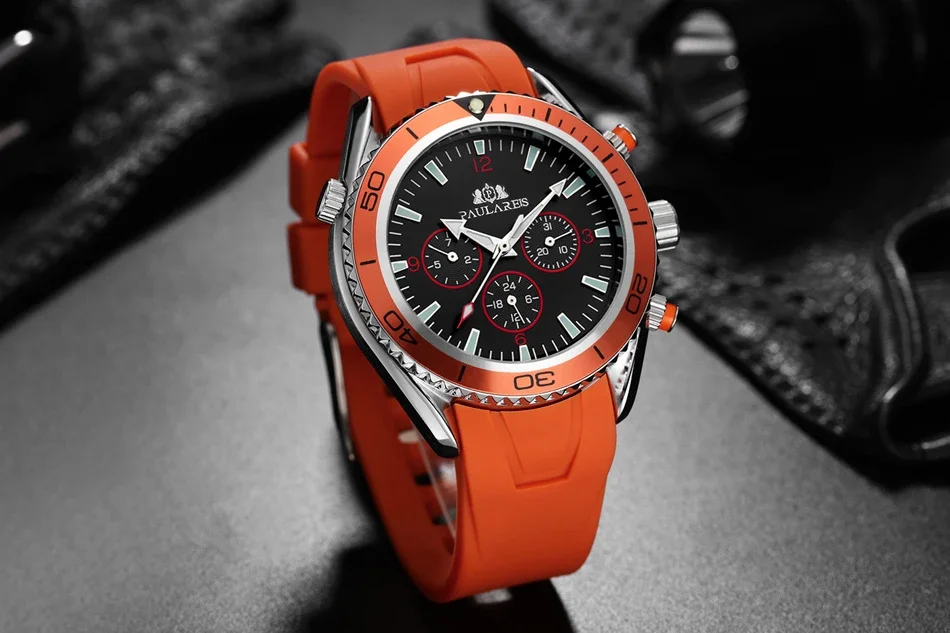 Men Automatic Self Wind Mechanical Rubber Strap Orange Blue Black Dial Rotatable Bezel Classic Watch