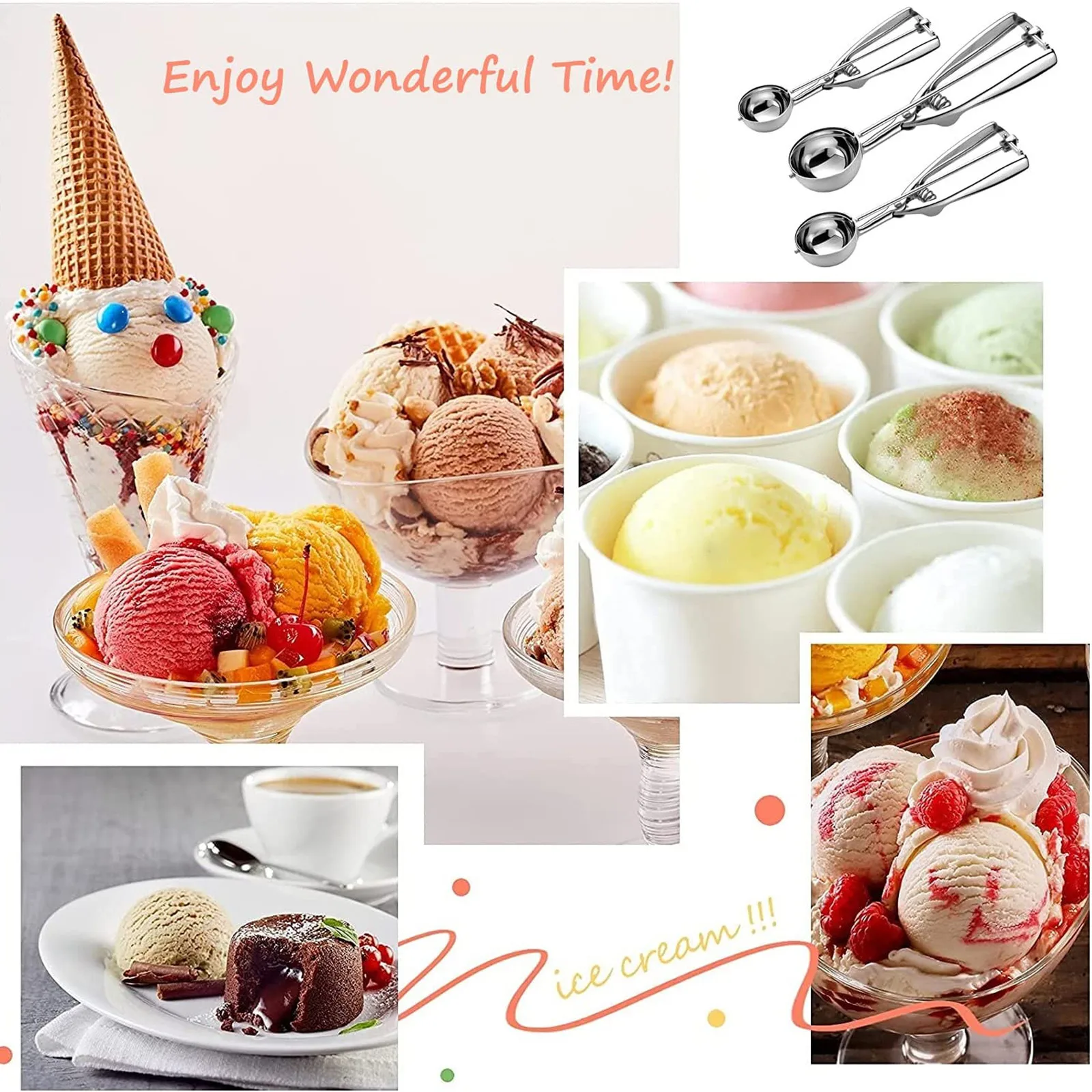 3 Size Ice Cream Scoop Trigger Metal Cookie Spoon Melon Baller Stainless Steel Dough Spoon Scooper