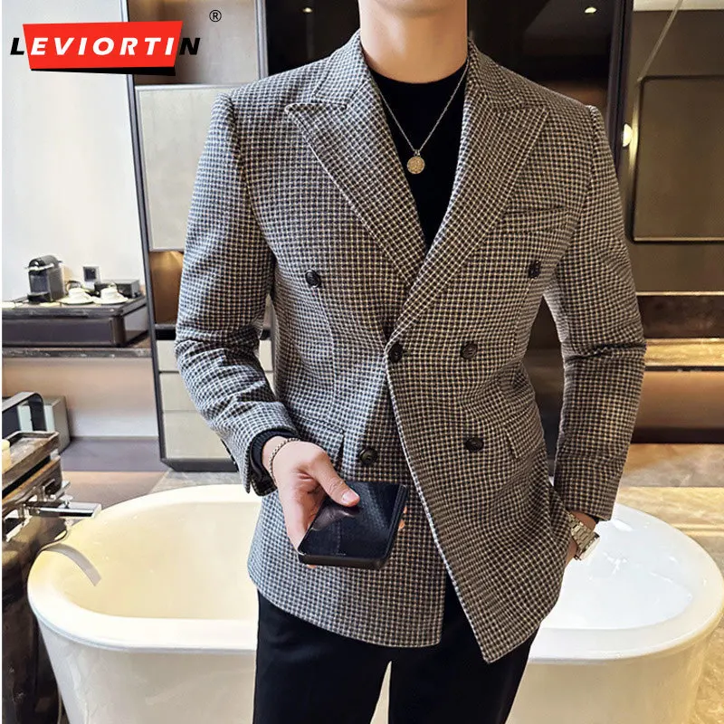 

British style men's double breasted slim fit yuppi texture single suit jacket 2023 new slim fit formal business wedding suit
