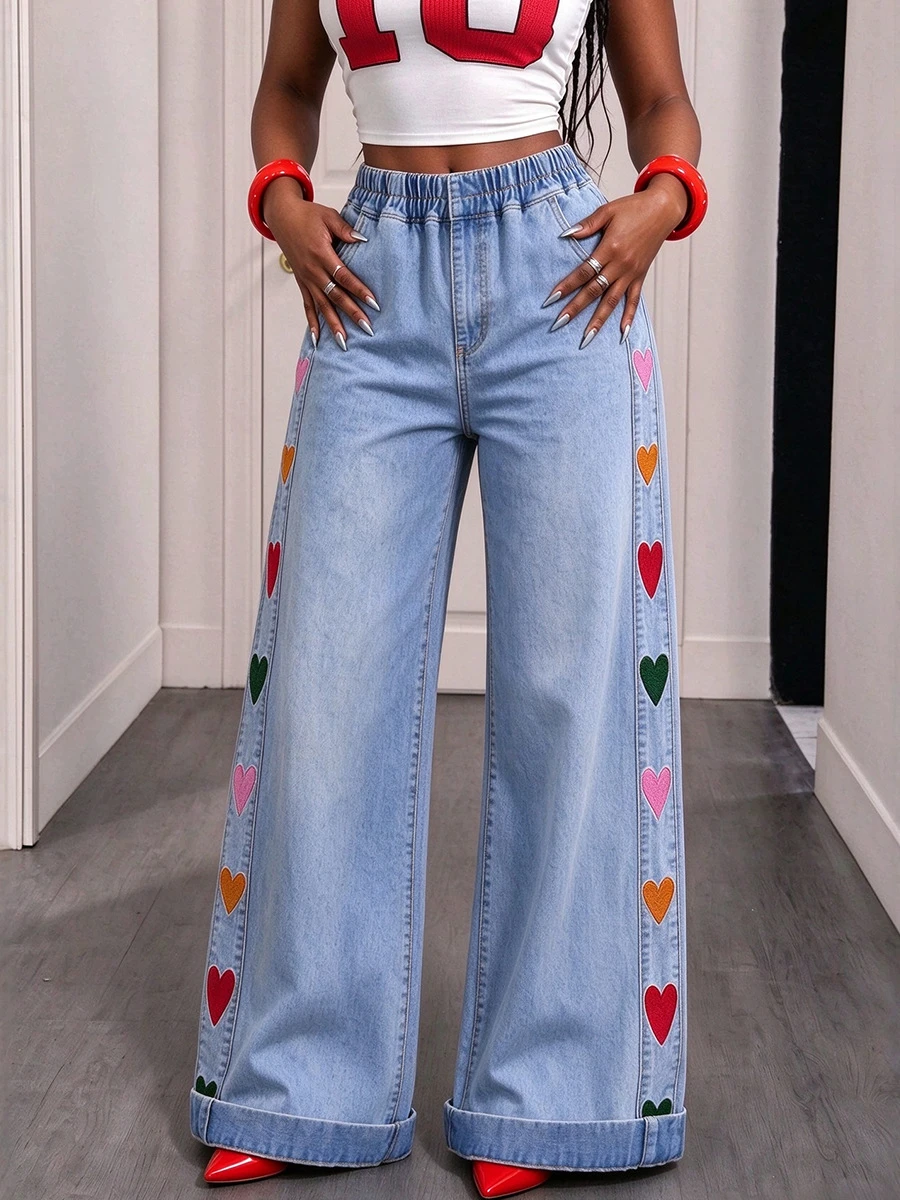 Women Heart Embroidery Straight Leg Jeans Elastic Waist Drawstring Rolled Cuff Loose Long Pants Trendy Streetwear Denim Trousers