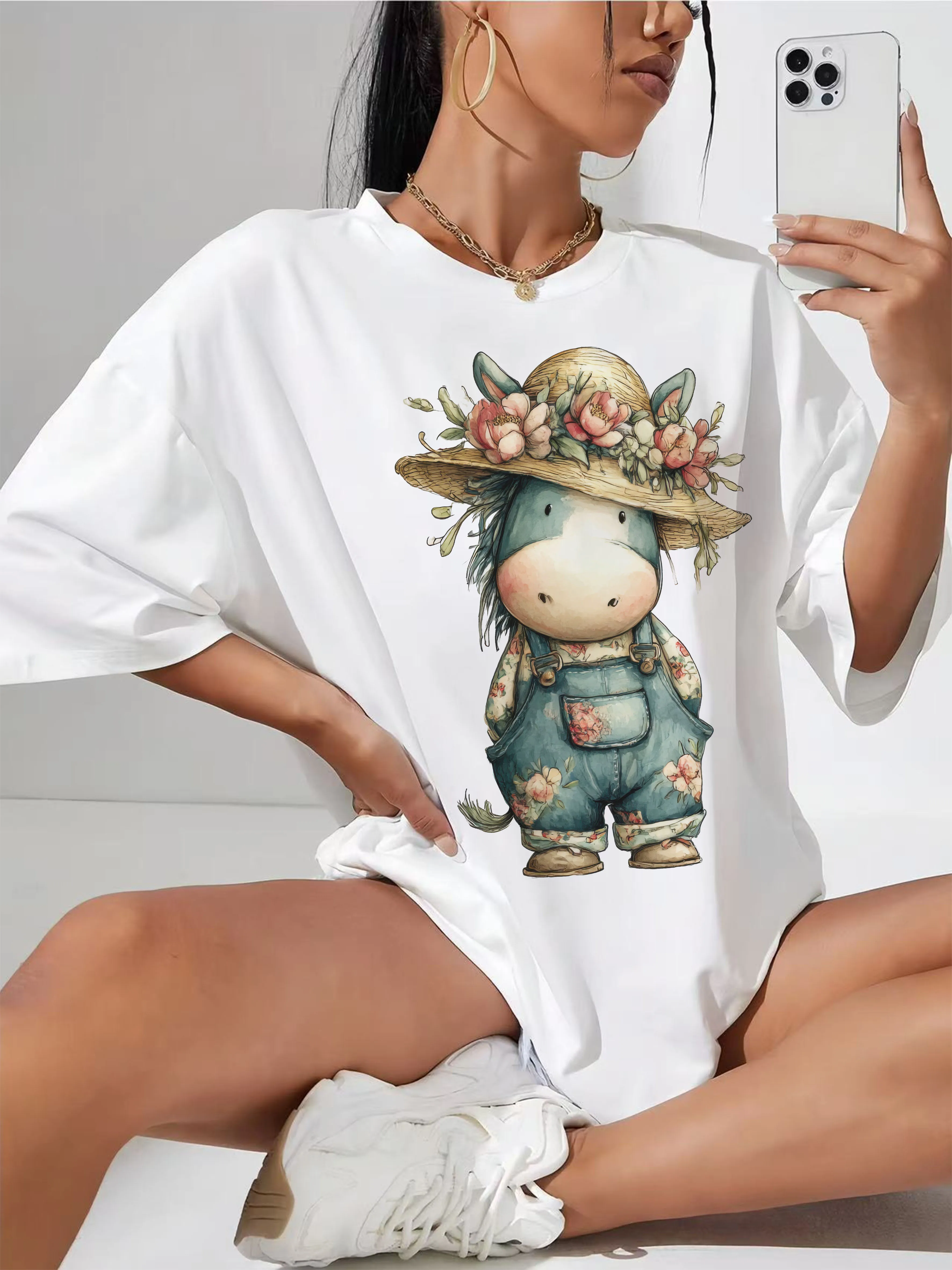 

boho clipart 42 Trendy White Women's T-Shirt Casual Relaxed Fit Perfect for Hot Summer Festivals