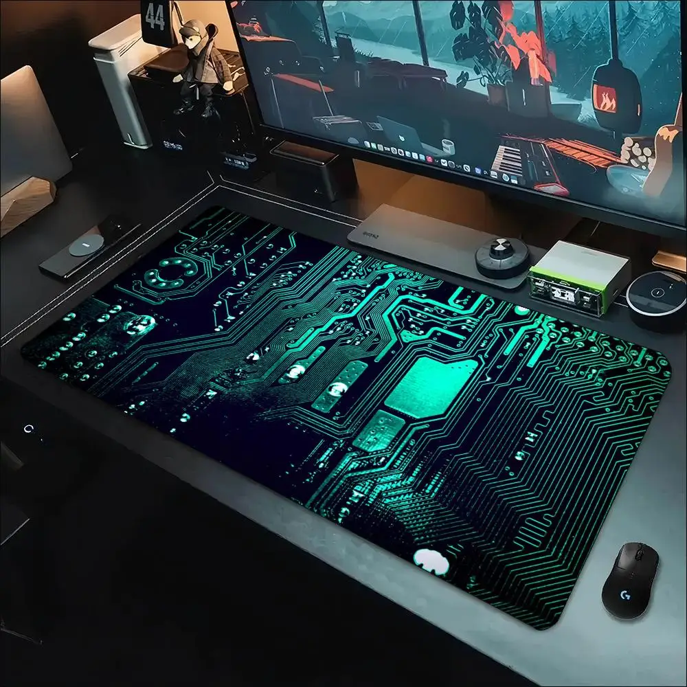 Green Circuit Board Chip Tech Pattern Large Desk Mouse Pad Non Slip Rubber Keyboard Mat For Office Laptop Gaming Sessions